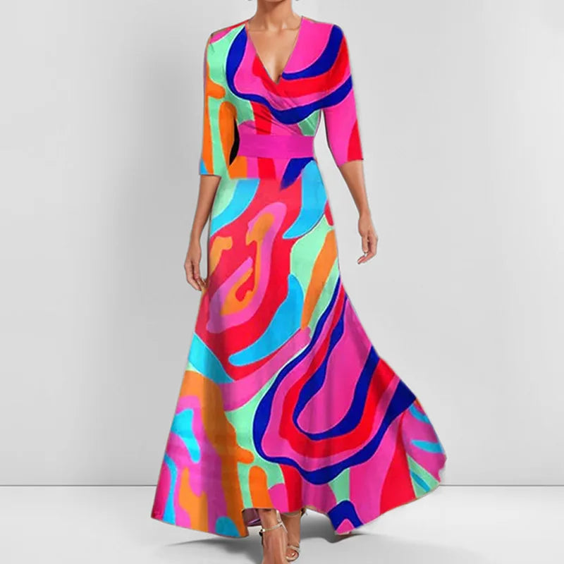 Elegant High-Waisted A-Line Printed V-Neck Short Sleeve Summer Dress