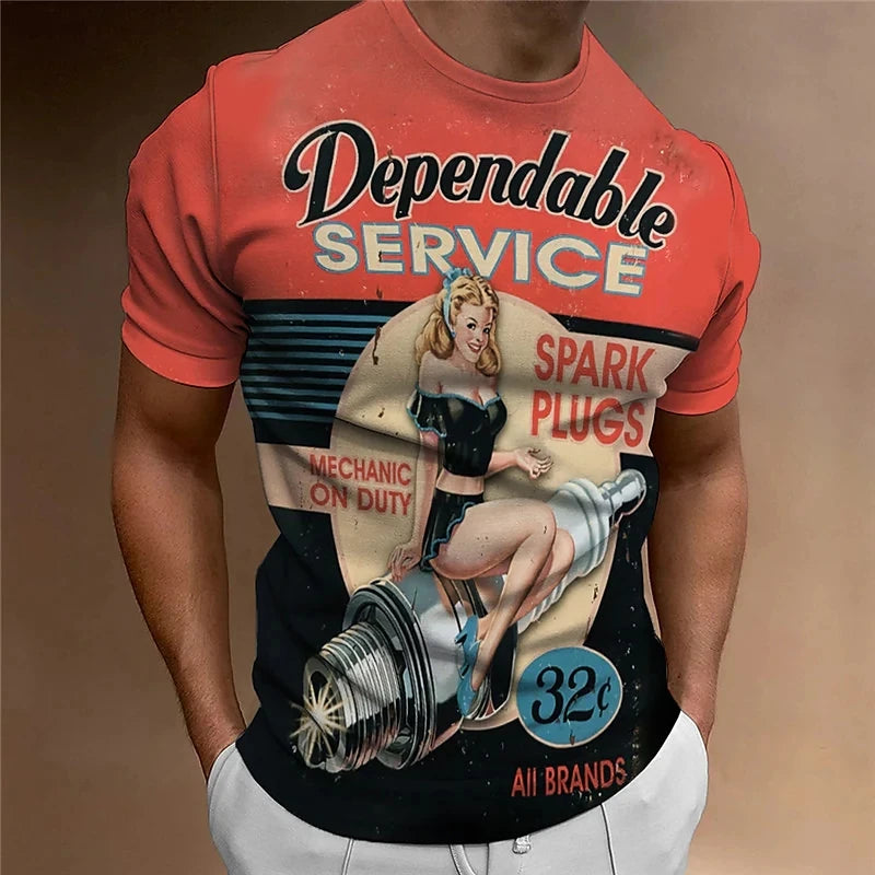 3D Motorcycle Print Vintage Short Sleeve Biker T-Shirt