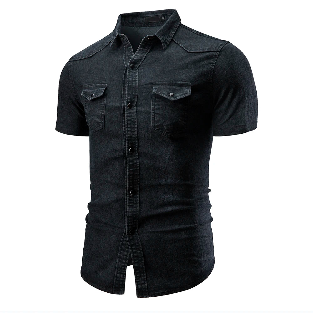**"Men’s Slim Fit Denim Shirt – Short Sleeve Cowboy Top"**
