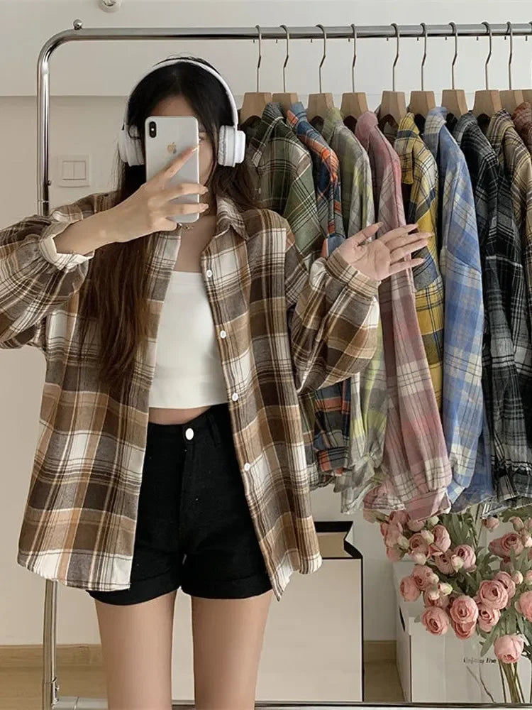 Autumn Long Sleeve Vintage Preppy Style Plaid Shirt