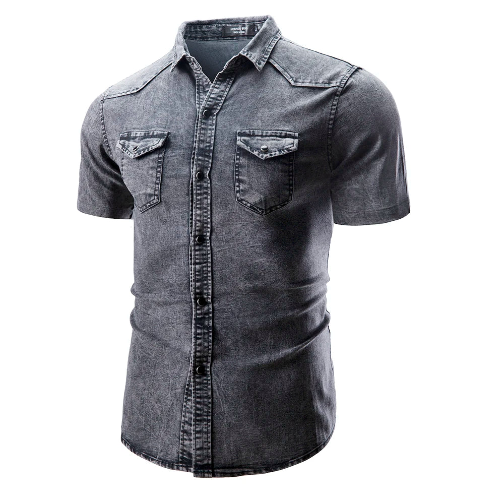 **"Men’s Slim Fit Denim Shirt – Short Sleeve Cowboy Top"**