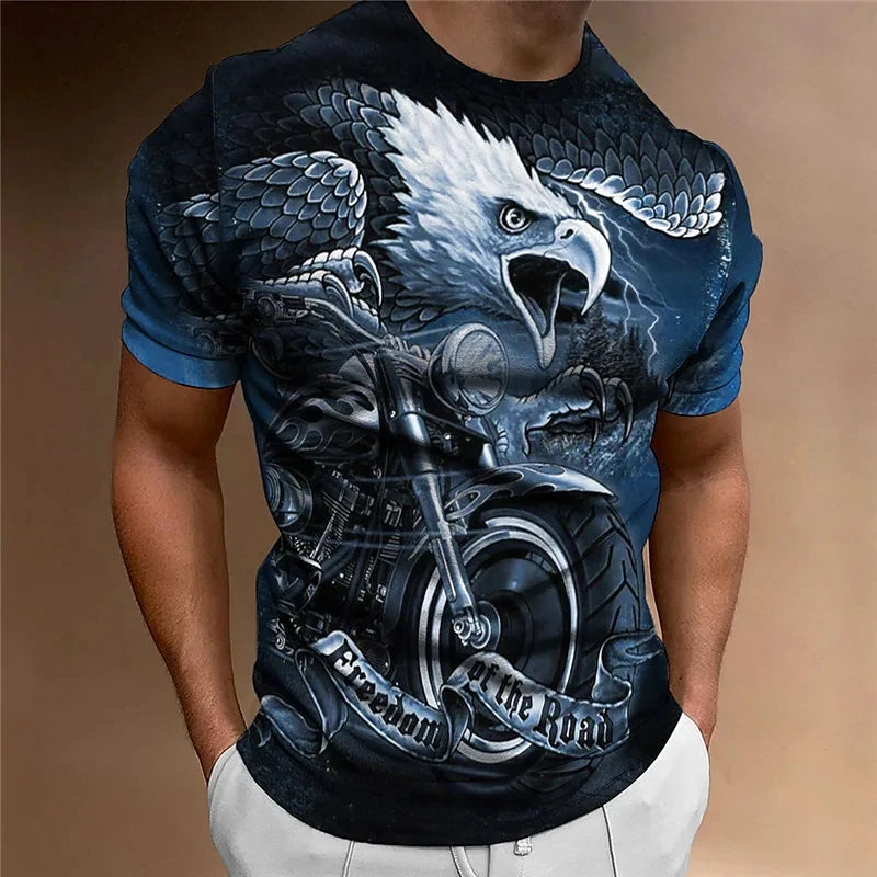 3D Motorcycle Print Vintage Short Sleeve Biker T-Shirt