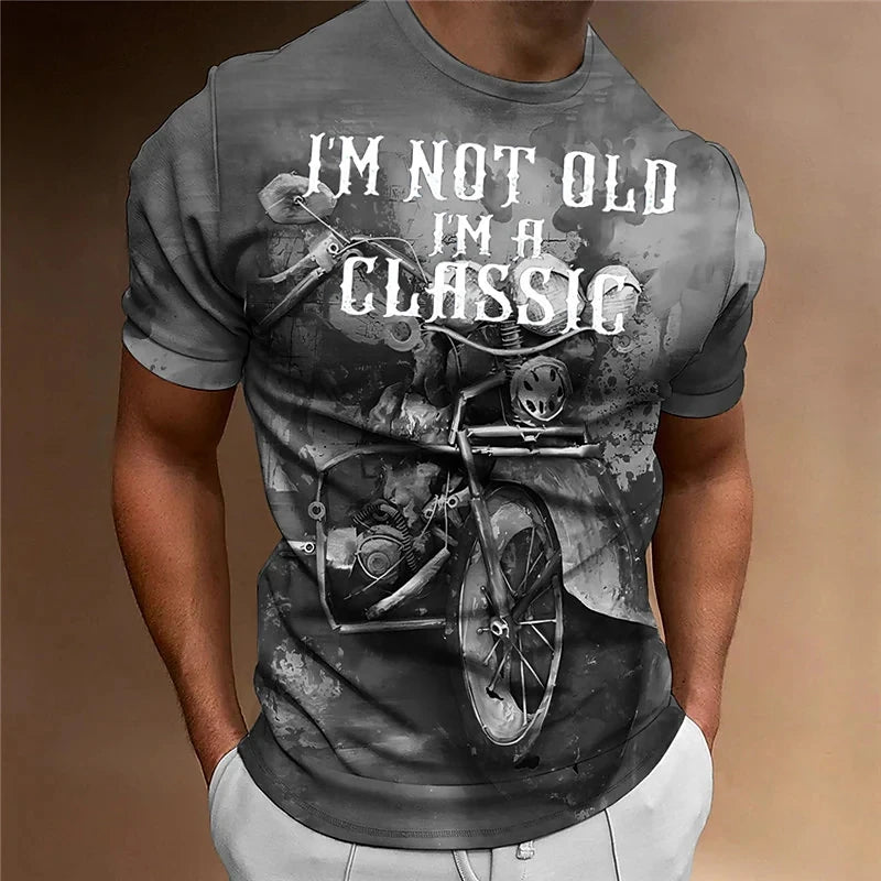 3D Motorcycle Print Vintage Short Sleeve Biker T-Shirt