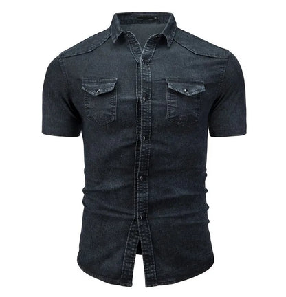 **"Men’s Slim Fit Denim Shirt – Short Sleeve Cowboy Top"**