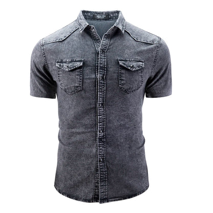 **"Men’s Slim Fit Denim Shirt – Short Sleeve Cowboy Top"**