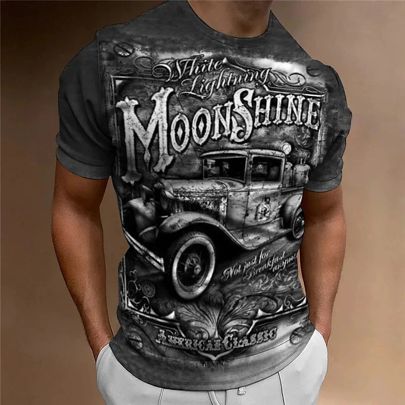 3D Motorcycle Print Vintage Short Sleeve Biker T-Shirt