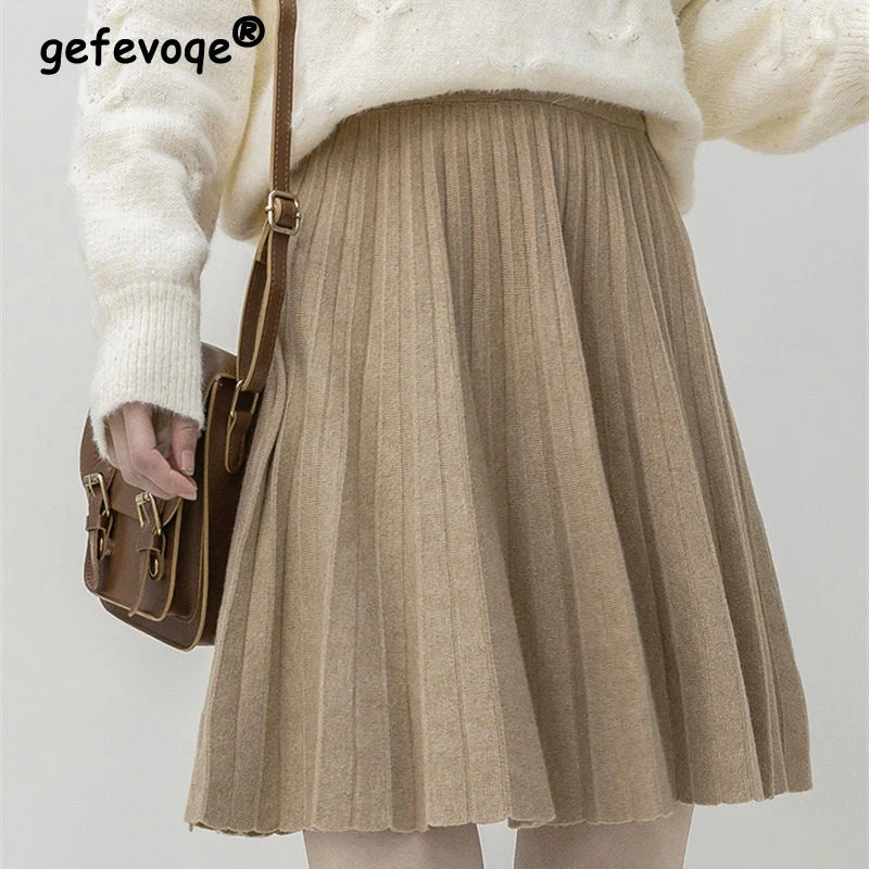 High Waist Pleated A-line Knitted Skirt