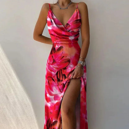 Printed Spaghetti Strap V-Neck A-Line Maxi Dress