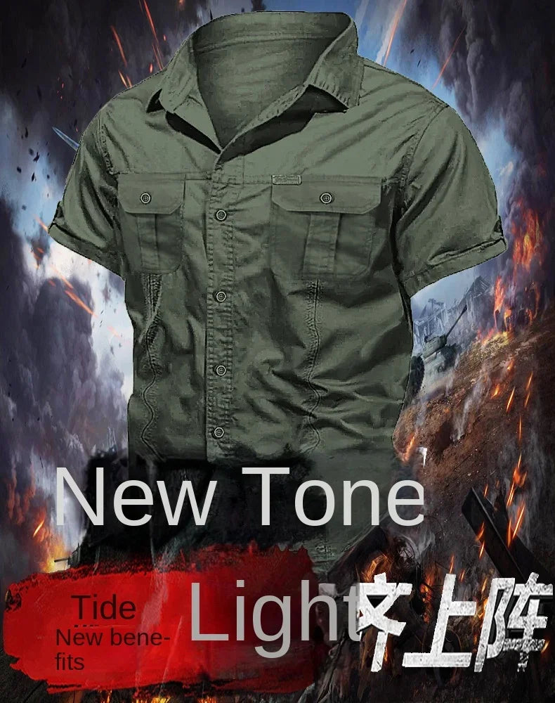 New Men's Work Shirt Casual Retro 100% Cotton Short Sleeve Flying Cargo Shirt Men's Summer Fishing Hunting Multi Pocket Shirt