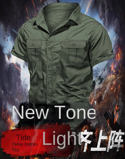 New Men's Work Shirt Casual Retro 100% Cotton Short Sleeve Flying Cargo Shirt Men's Summer Fishing Hunting Multi Pocket Shirt