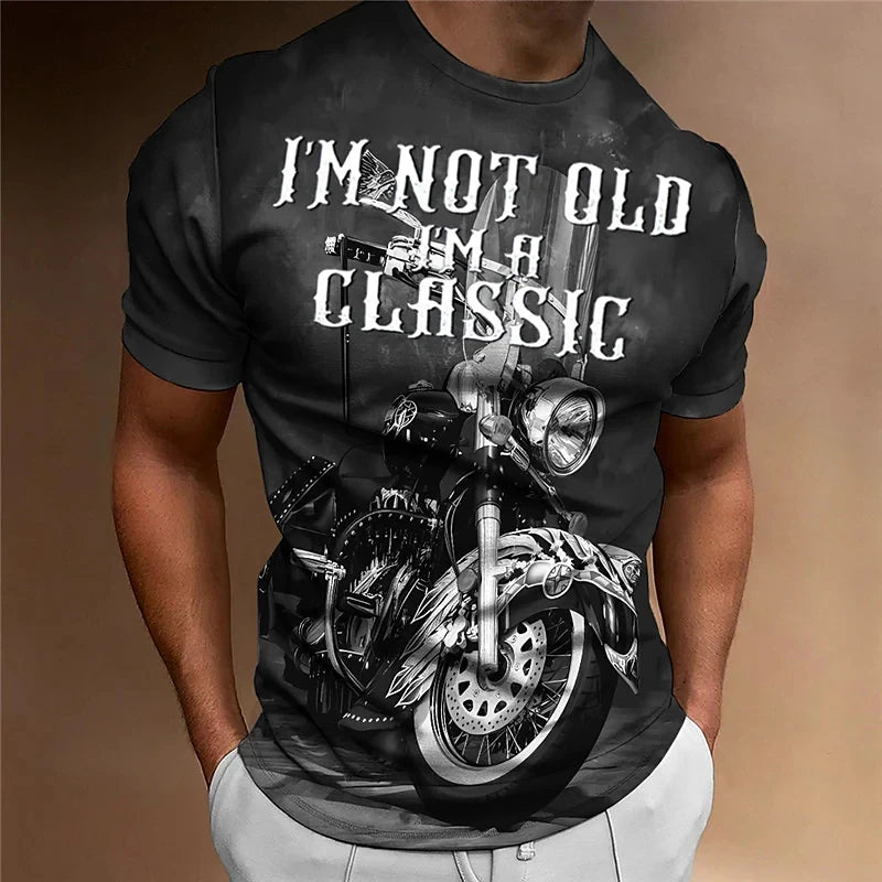 3D Motorcycle Print Vintage Short Sleeve Biker T-Shirt