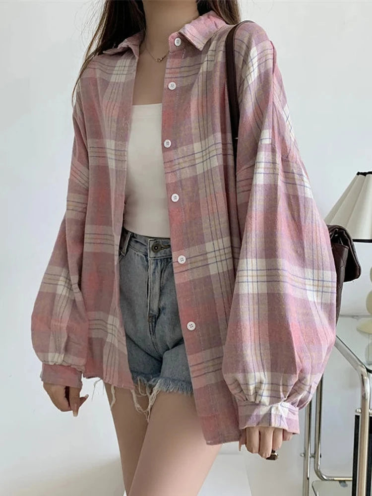 Autumn Long Sleeve Vintage Preppy Style Plaid Shirt