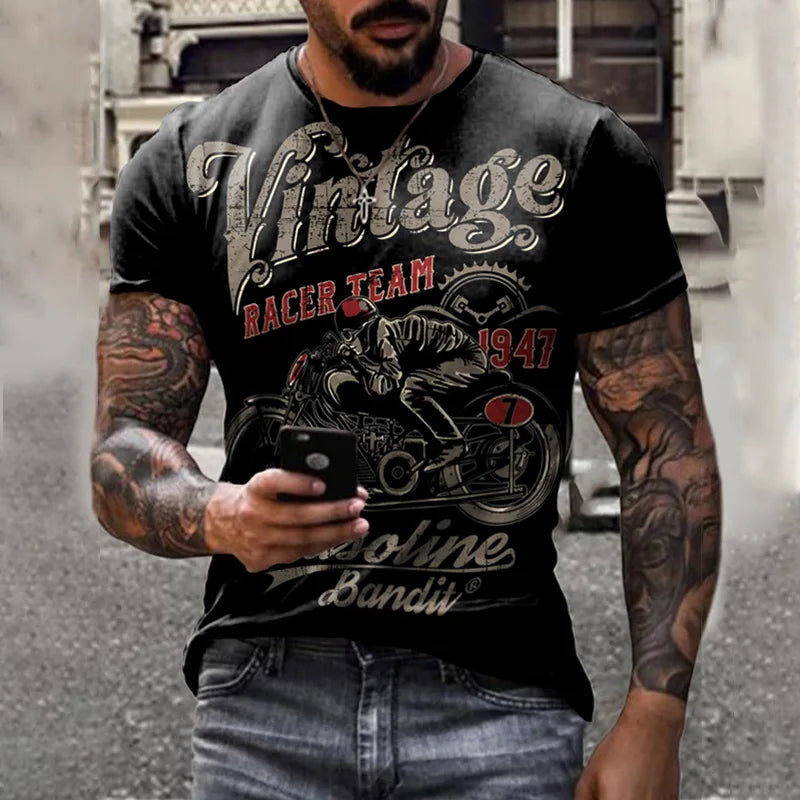 3D Motorcycle Print Vintage Short Sleeve Biker T-Shirt