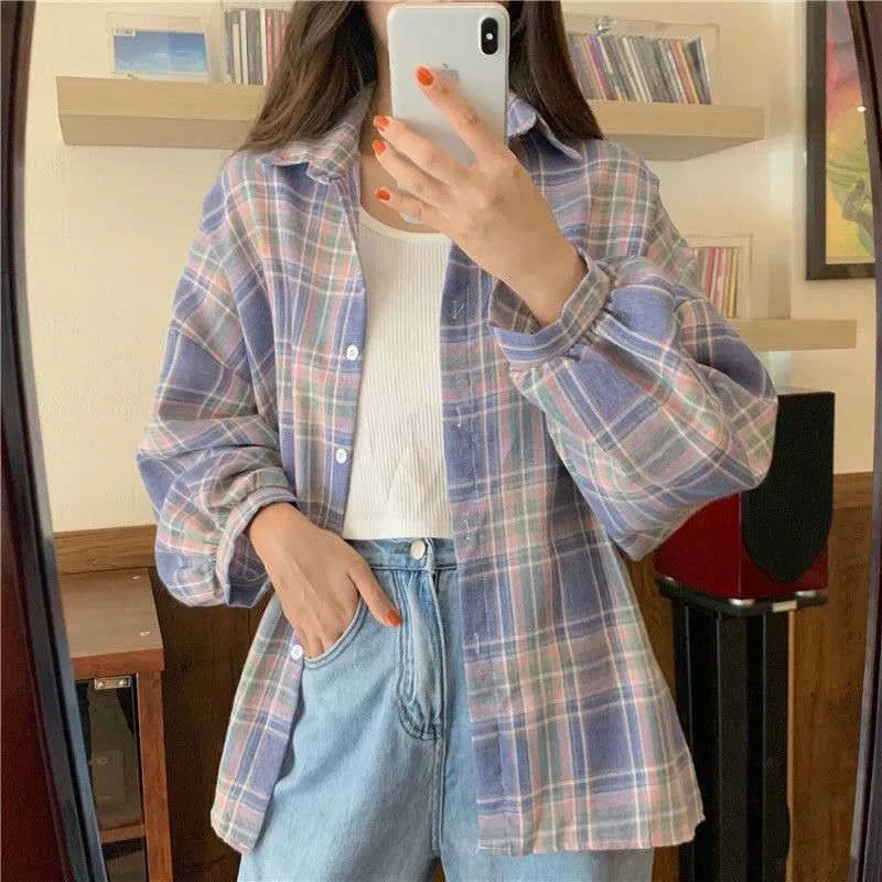 Autumn Long Sleeve Vintage Preppy Style Plaid Shirt