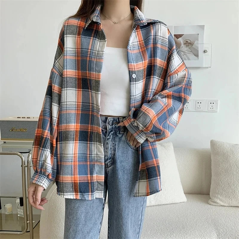 Autumn Long Sleeve Vintage Preppy Style Plaid Shirt