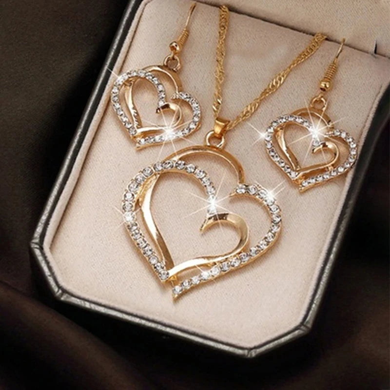 3 Pcs Heart Shaped Rhinestone Jewelry Set