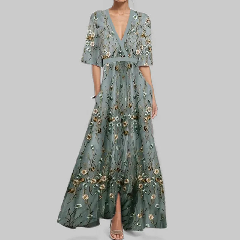 Elegant High-Waisted A-Line Printed V-Neck Short Sleeve Summer Dress