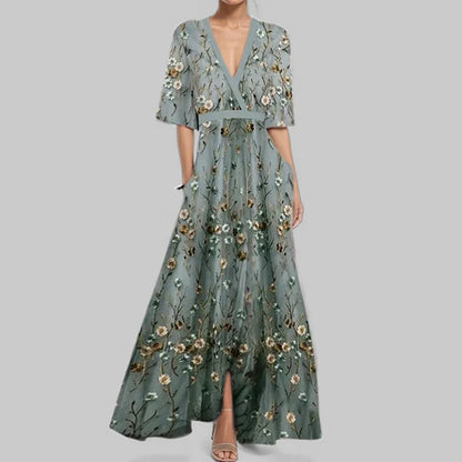Elegant High-Waisted A-Line Printed V-Neck Short Sleeve Summer Dress