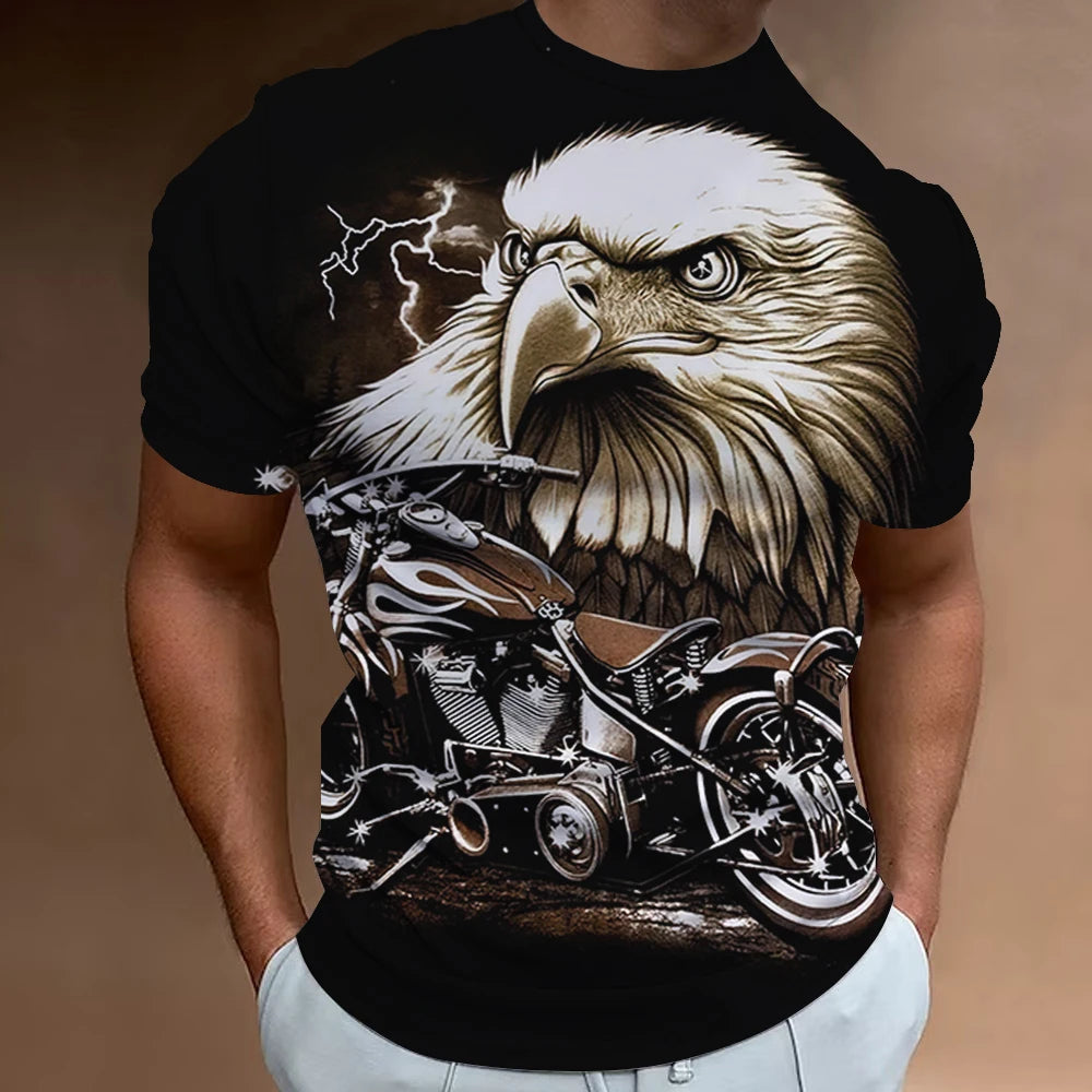 3D Motorcycle Print Vintage Short Sleeve Biker T-Shirt