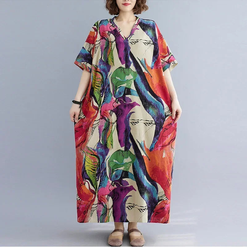 "Soleil Luxe – Elegante Harajuku Maxi Dress van Katoen & Linnen"