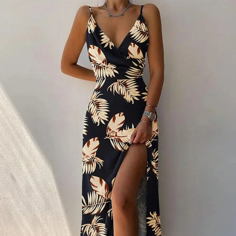 Printed Spaghetti Strap V-Neck A-Line Maxi Dress