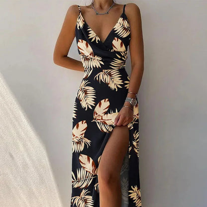 Printed Spaghetti Strap V-Neck A-Line Maxi Dress