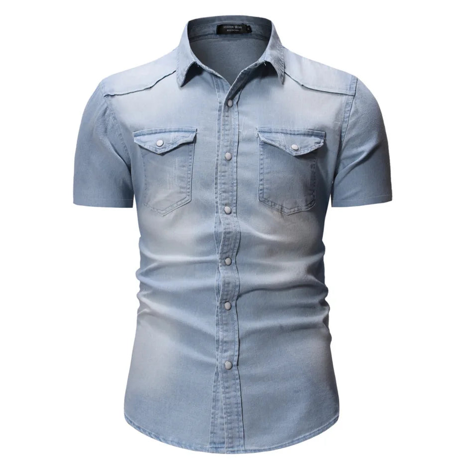 **"Men’s Slim Fit Denim Shirt – Short Sleeve Cowboy Top"**