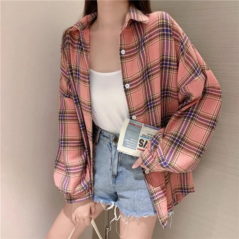 Autumn Long Sleeve Vintage Preppy Style Plaid Shirt