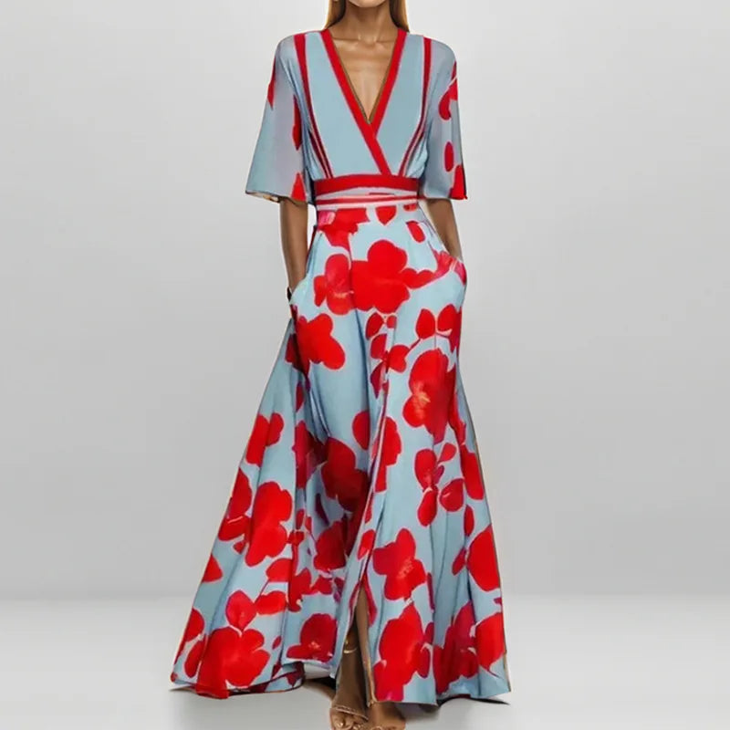 Elegant High-Waisted A-Line Printed V-Neck Short Sleeve Summer Dress