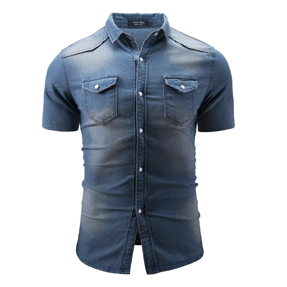 **"Men’s Slim Fit Denim Shirt – Short Sleeve Cowboy Top"**