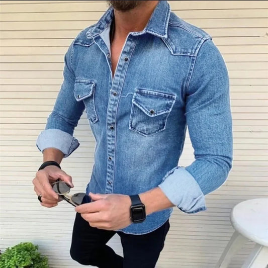 Vintage Solid Color Men Washed Denim Shirt 2025 Autumn Causal Full Sleeve Turn Down Collar Single Breasted Multi Pockets Coat