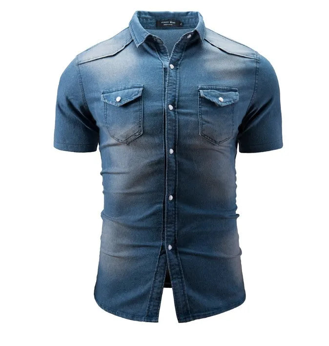 **"Men’s Slim Fit Denim Shirt – Short Sleeve Cowboy Top"**