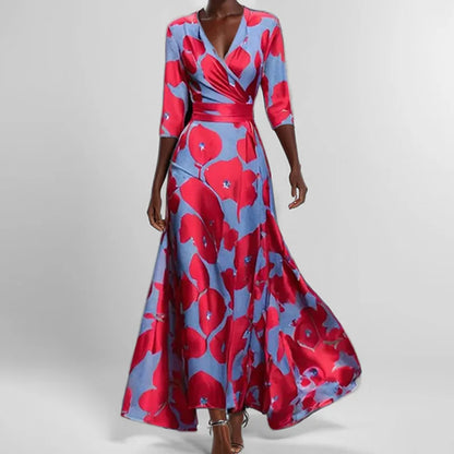 Elegant High-Waisted A-Line Printed V-Neck Short Sleeve Summer Dress