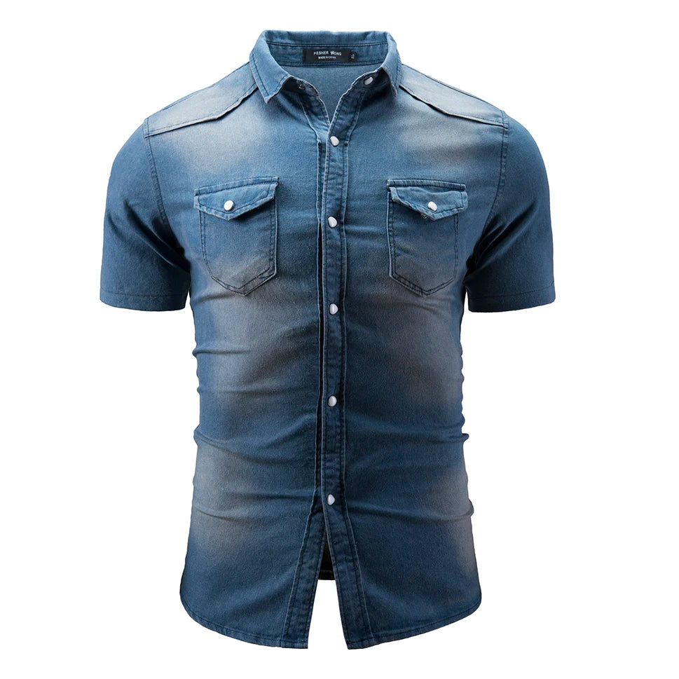 **"Men’s Slim Fit Denim Shirt – Short Sleeve Cowboy Top"**