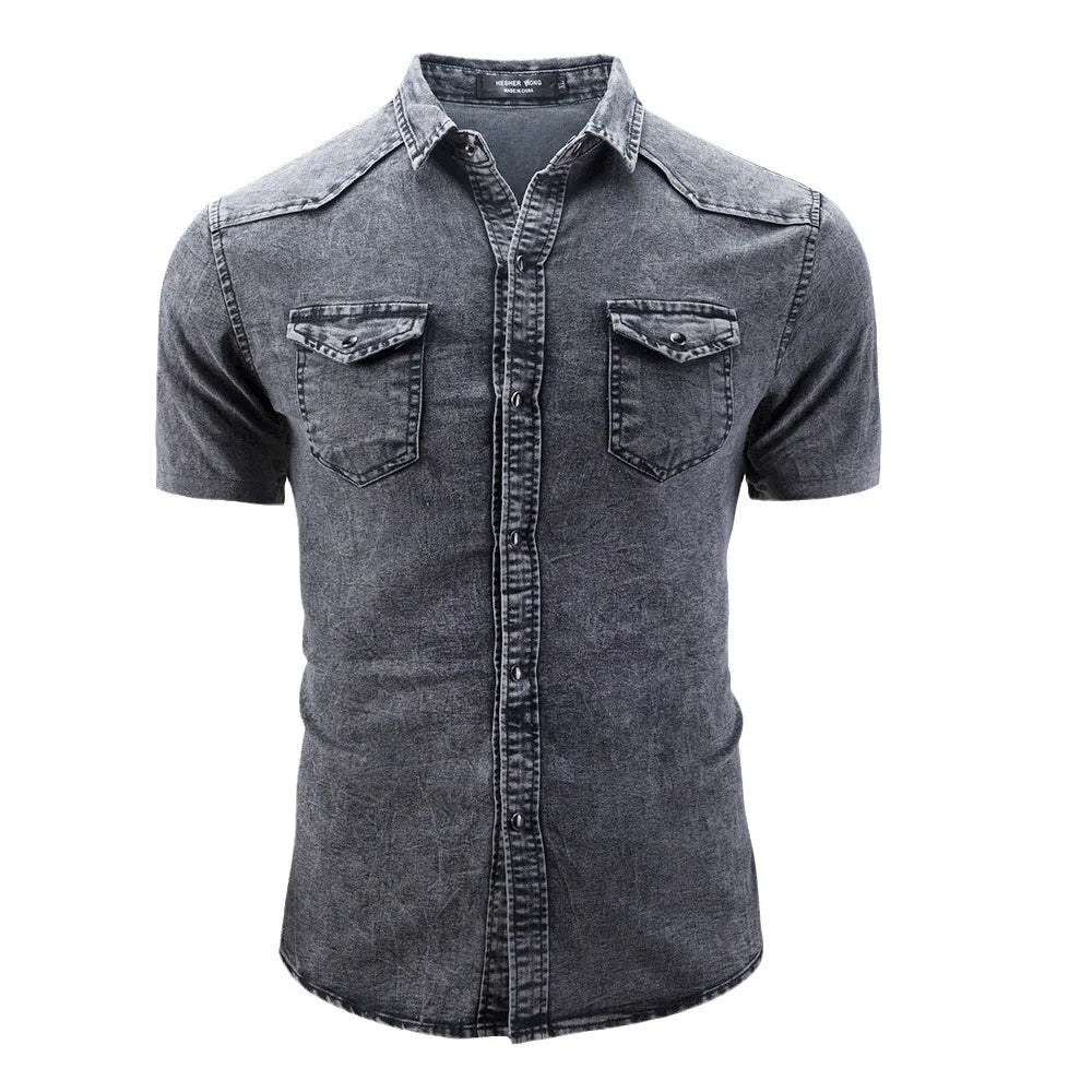 **"Men’s Slim Fit Denim Shirt – Short Sleeve Cowboy Top"**