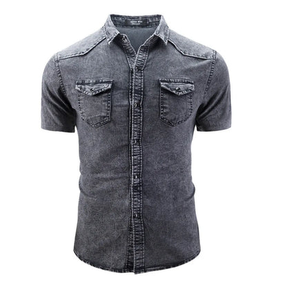 **"Men’s Slim Fit Denim Shirt – Short Sleeve Cowboy Top"**