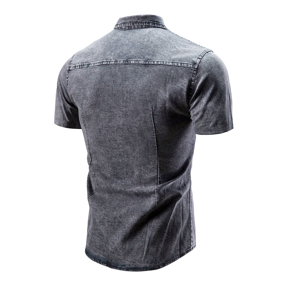 **"Men’s Slim Fit Denim Shirt – Short Sleeve Cowboy Top"**