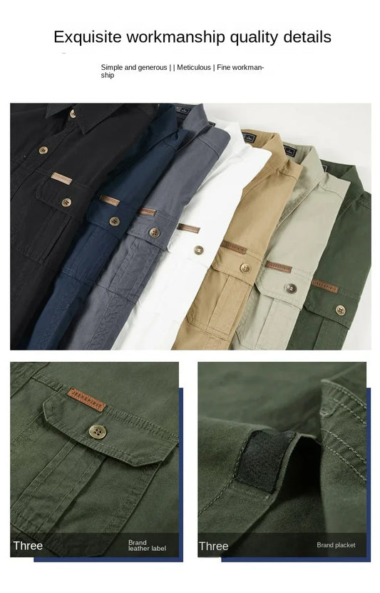New Men's Work Shirt Casual Retro 100% Cotton Short Sleeve Flying Cargo Shirt Men's Summer Fishing Hunting Multi Pocket Shirt