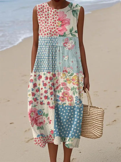 Floral Print Long Casual Loose Summer Dress with Round Neck For Women
