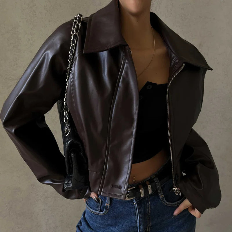 Faux Leather Short Jacket for Women PU Turn-Down Collar Grunge Streetwear Coat 
