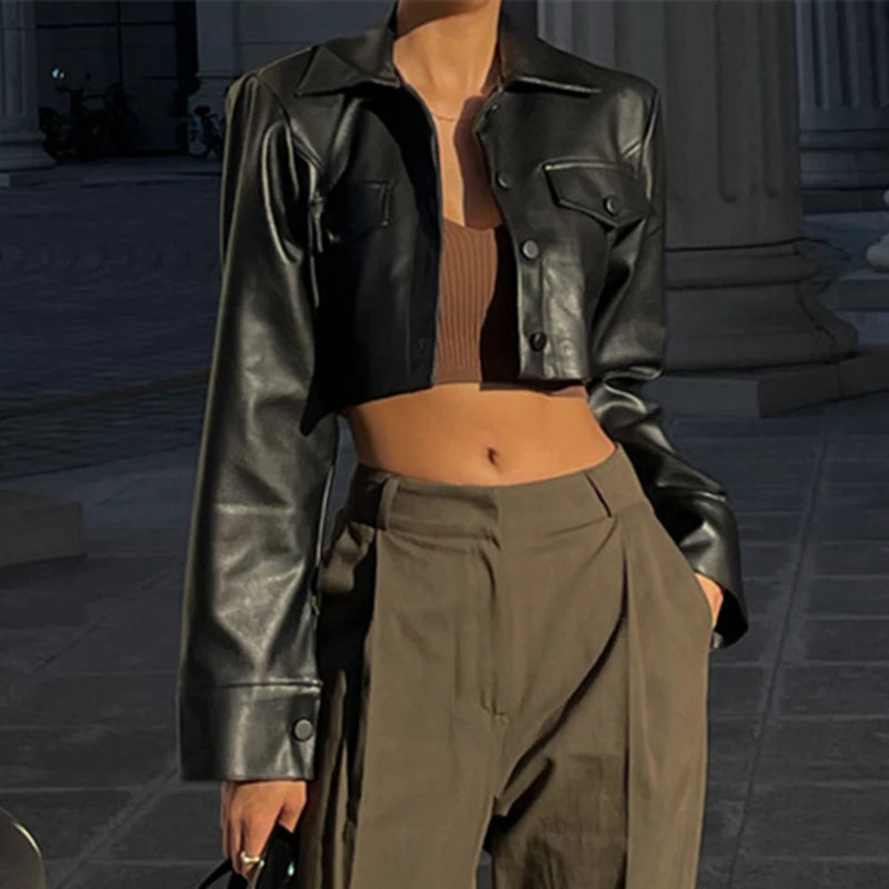 Faux Leather Short Jacket for Women PU Turn-Down Collar Grunge Streetwear Coat 
