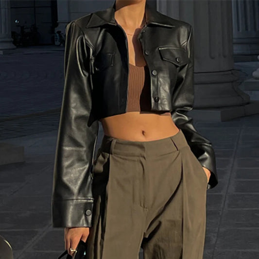 Faux Leather Short Jacket for Women PU Turn-Down Collar Grunge Streetwear Coat 
