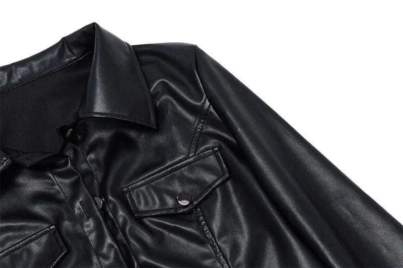 Faux Leather Short Jacket for Women PU Turn-Down Collar Grunge Streetwear Coat 
