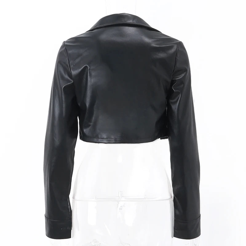 Faux Leather Short Jacket for Women PU Turn-Down Collar Grunge Streetwear Coat 
