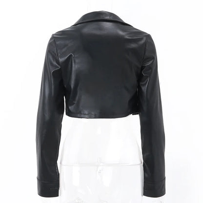 Faux Leather Short Jacket for Women PU Turn-Down Collar Grunge Streetwear Coat 
