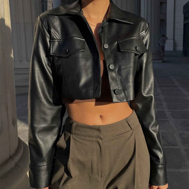 Faux Leather Short Jacket for Women PU Turn-Down Collar Grunge Streetwear Coat 
