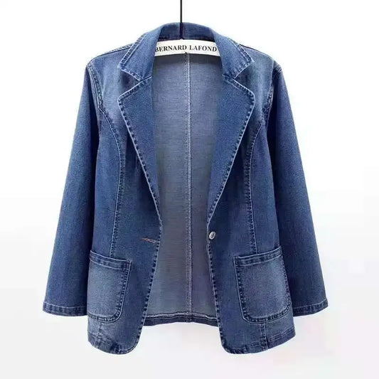 Y2K Women’s Denim Coat with full sleeves, turn-down collar, and spliced open stitch design, perfect for casual autumn styling