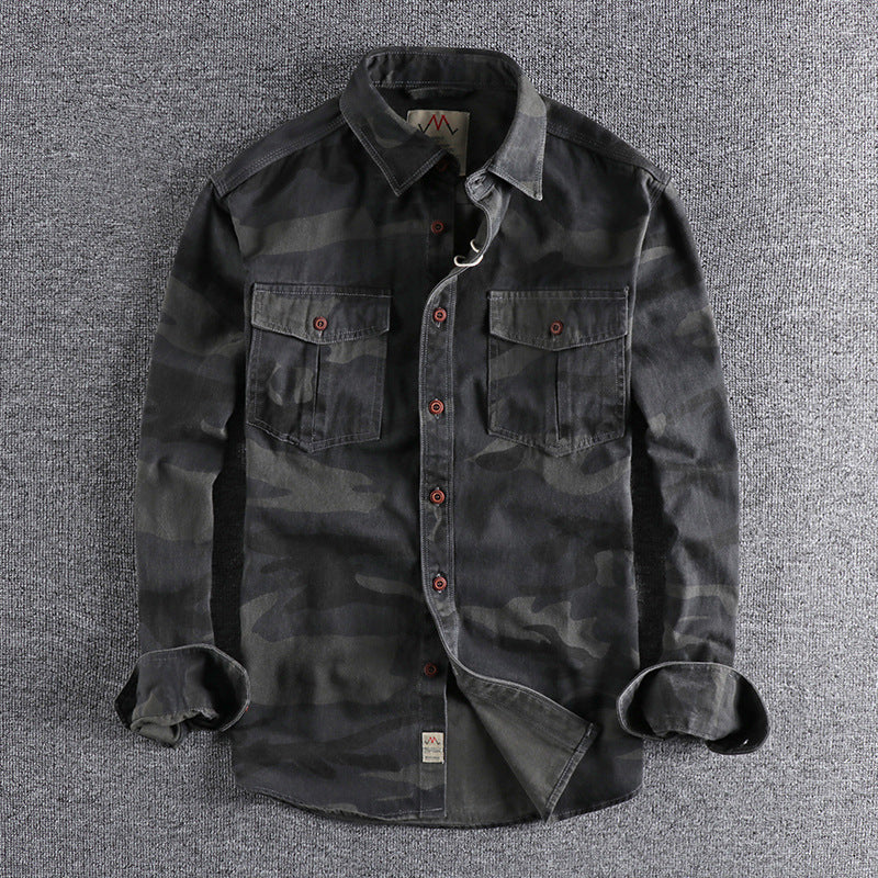 Washed Camouflage American Overalls Long Sleeve Shirt Men
