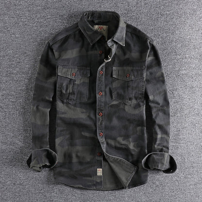 Washed Camouflage American Overalls Long Sleeve Shirt Men
