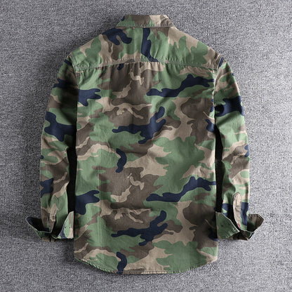 Washed Camouflage American Overalls Long Sleeve Shirt Men
